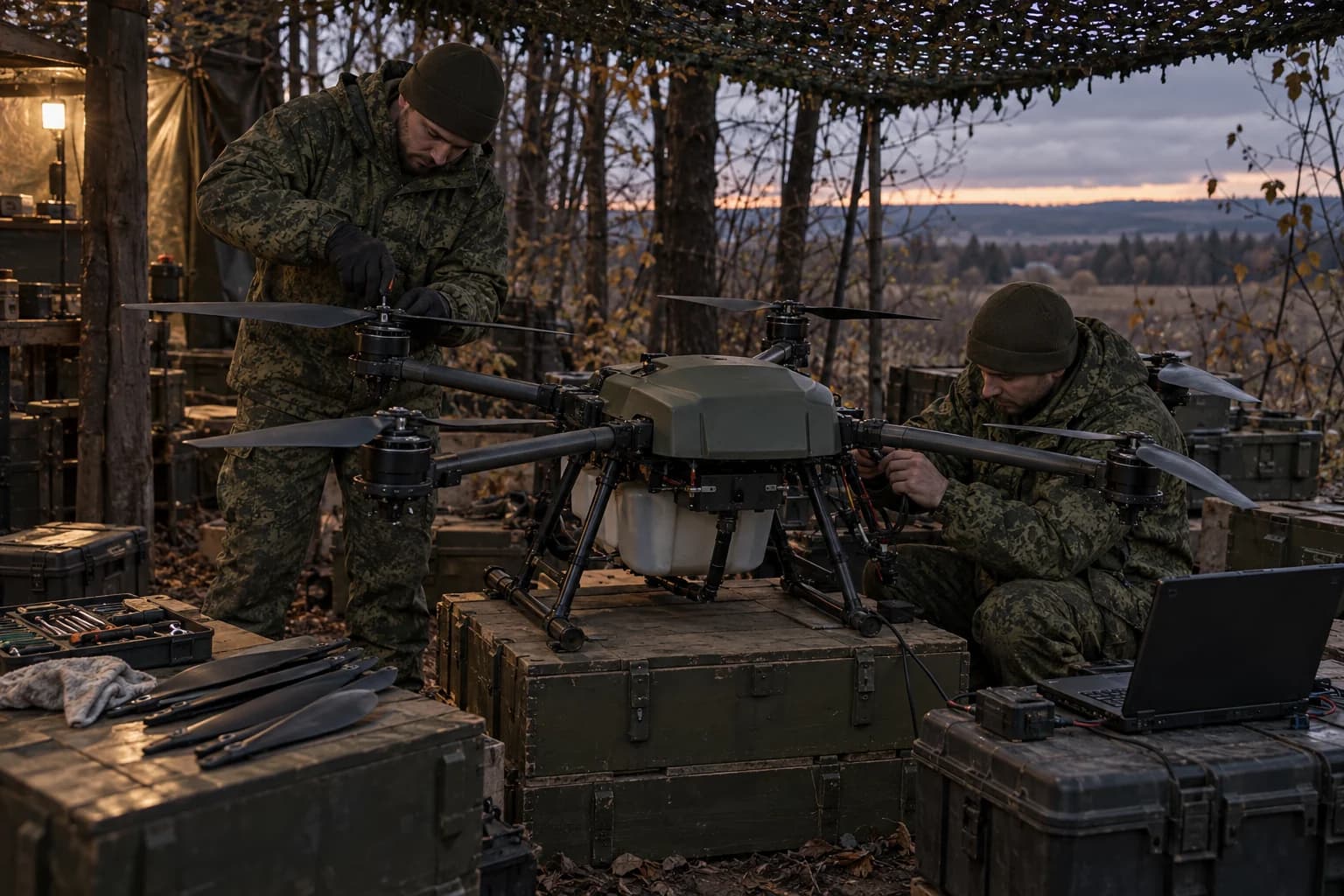 Военные техники ремонтируют трофейный тяжёлый сельскохозяйственный дрон в полевой мастерской под маскировочной сетью
