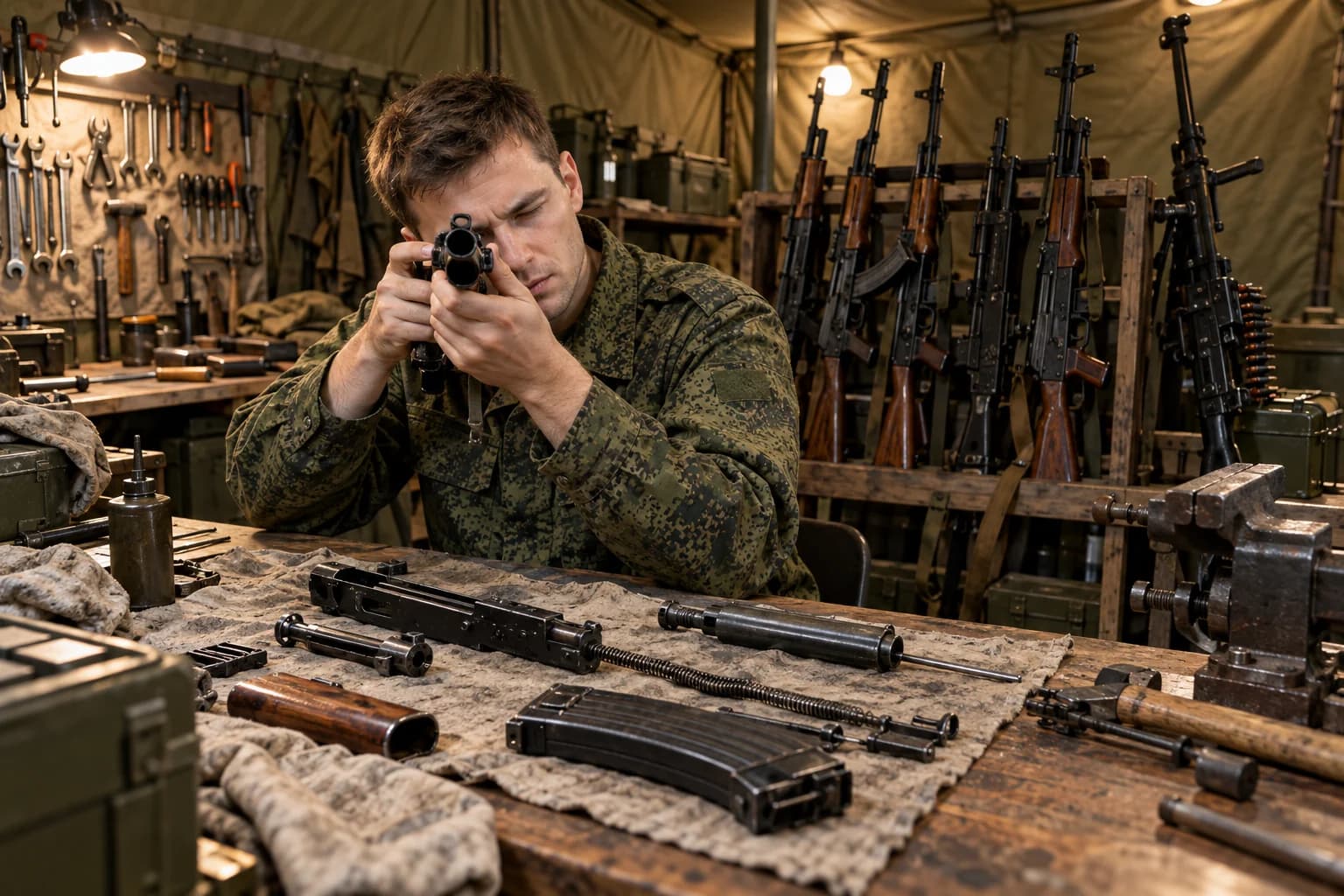 Военный оружейник в полевой мастерской осматривает деталь разобранного автомата Калашникова, за ним стойка с оружием на ремонт