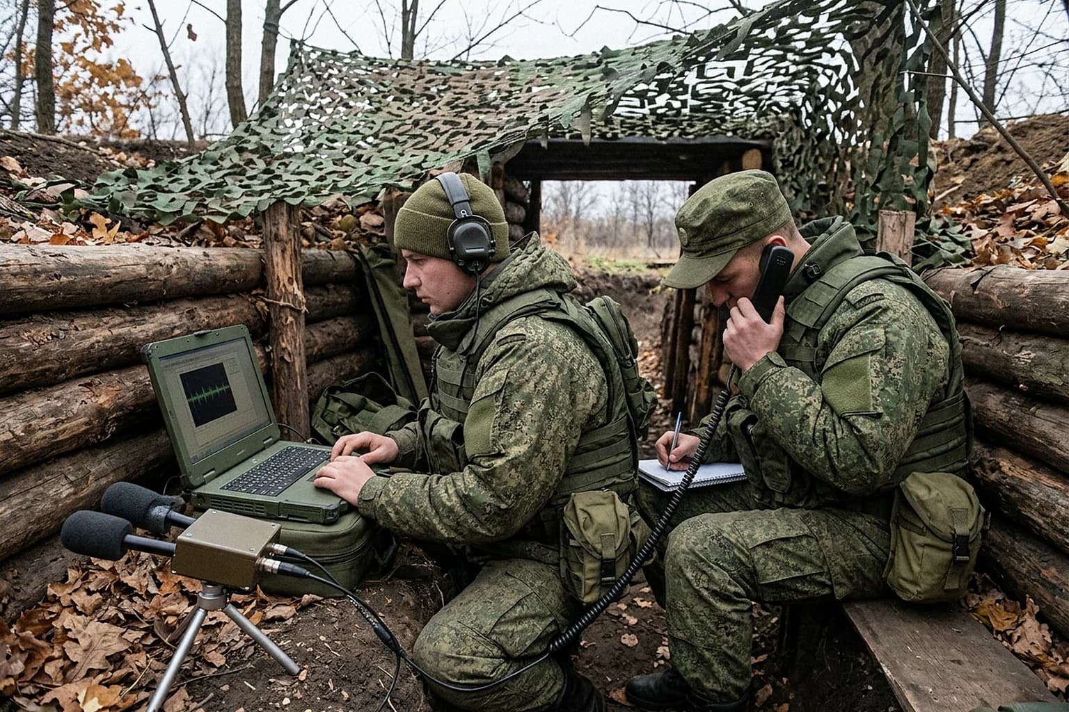Звукометристы в окопе под маскировочной сетью слушают эфир и записывают координаты, рядом выносной микрофонный датчик