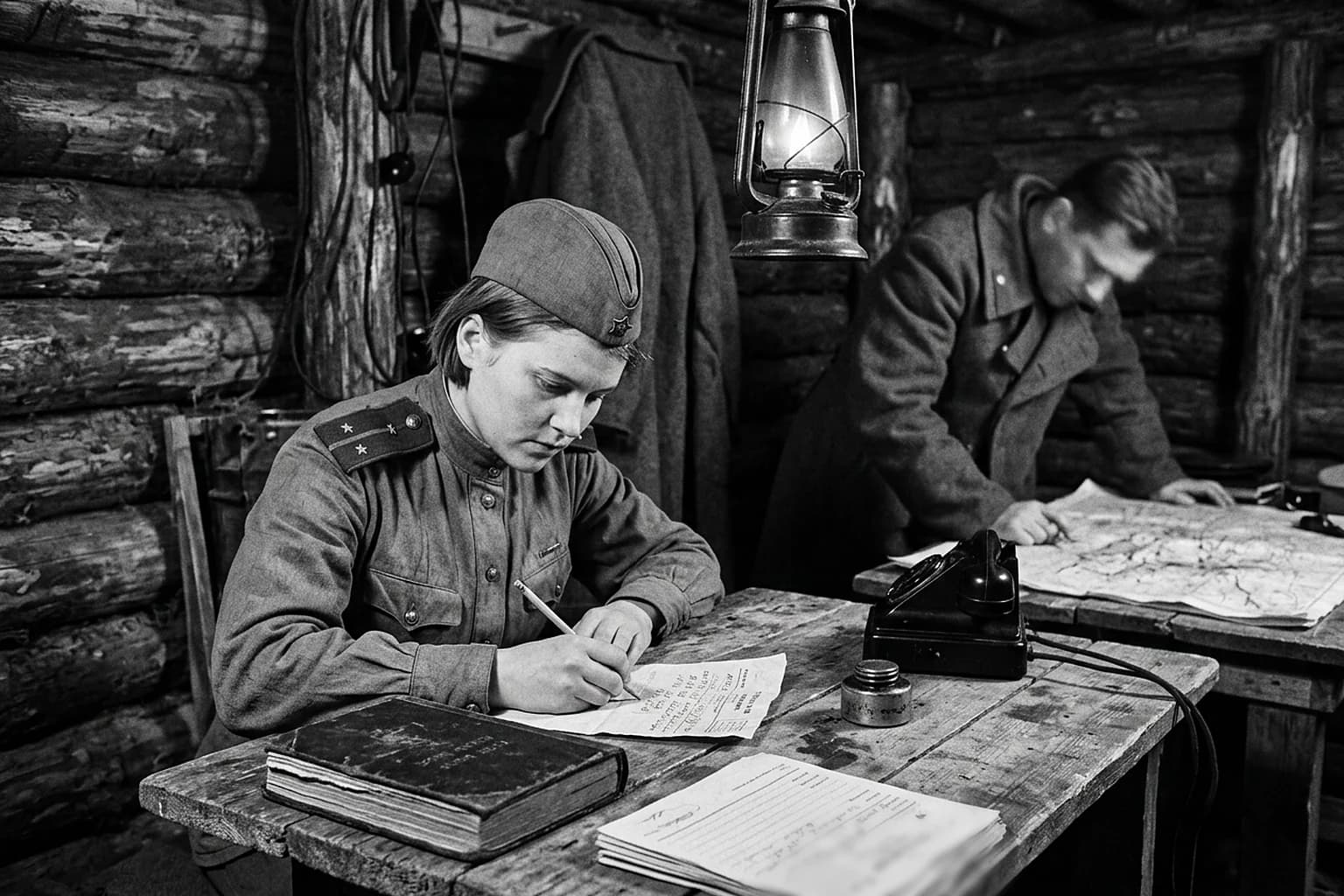 Шифровальщица в штабном блиндаже записывает цифровые группы на бланке телеграммы при свете керосиновой лампы