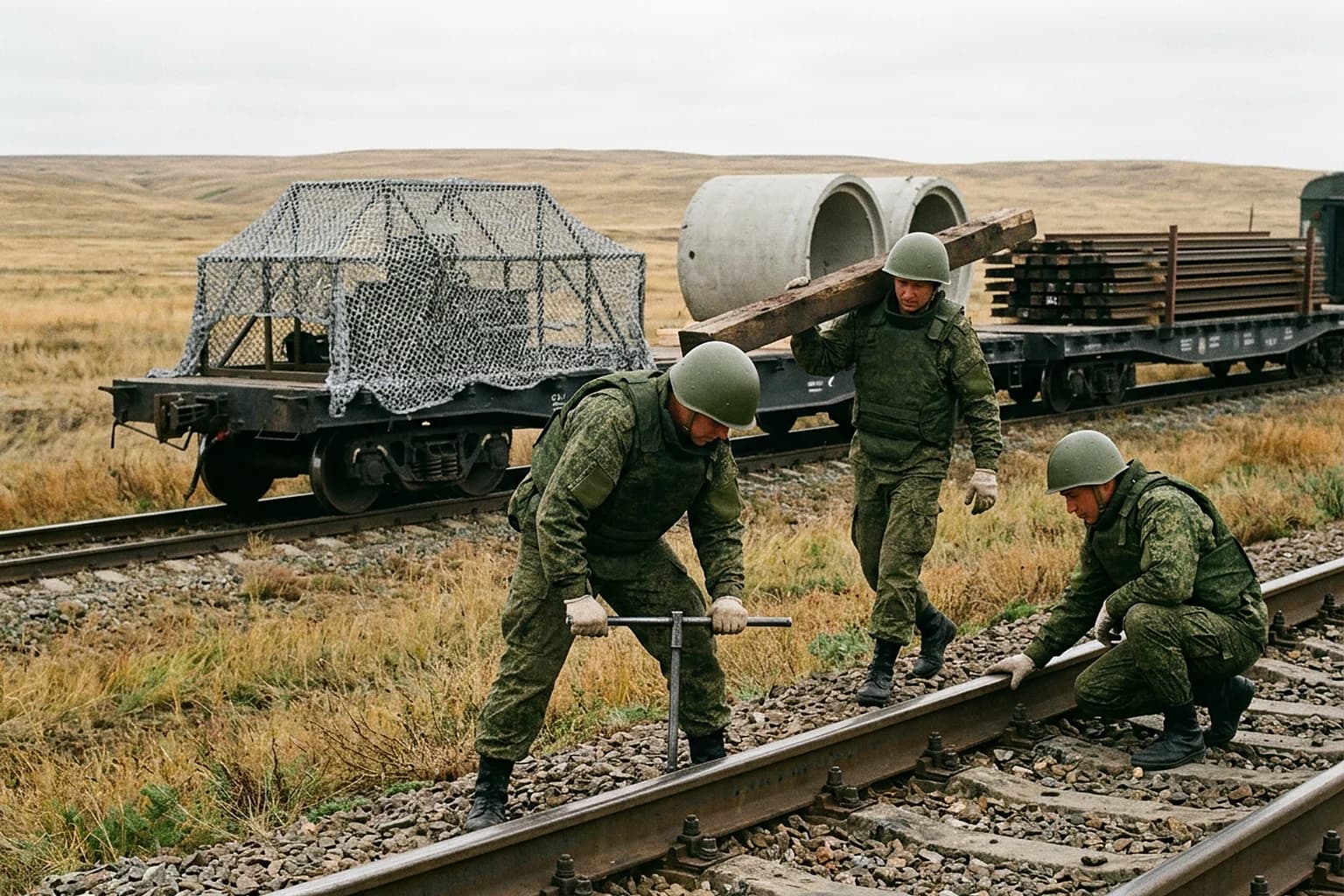 Военные железнодорожники меняют шпалу и подтягивают крепления рельсов у платформы с антидроновой сеткой
