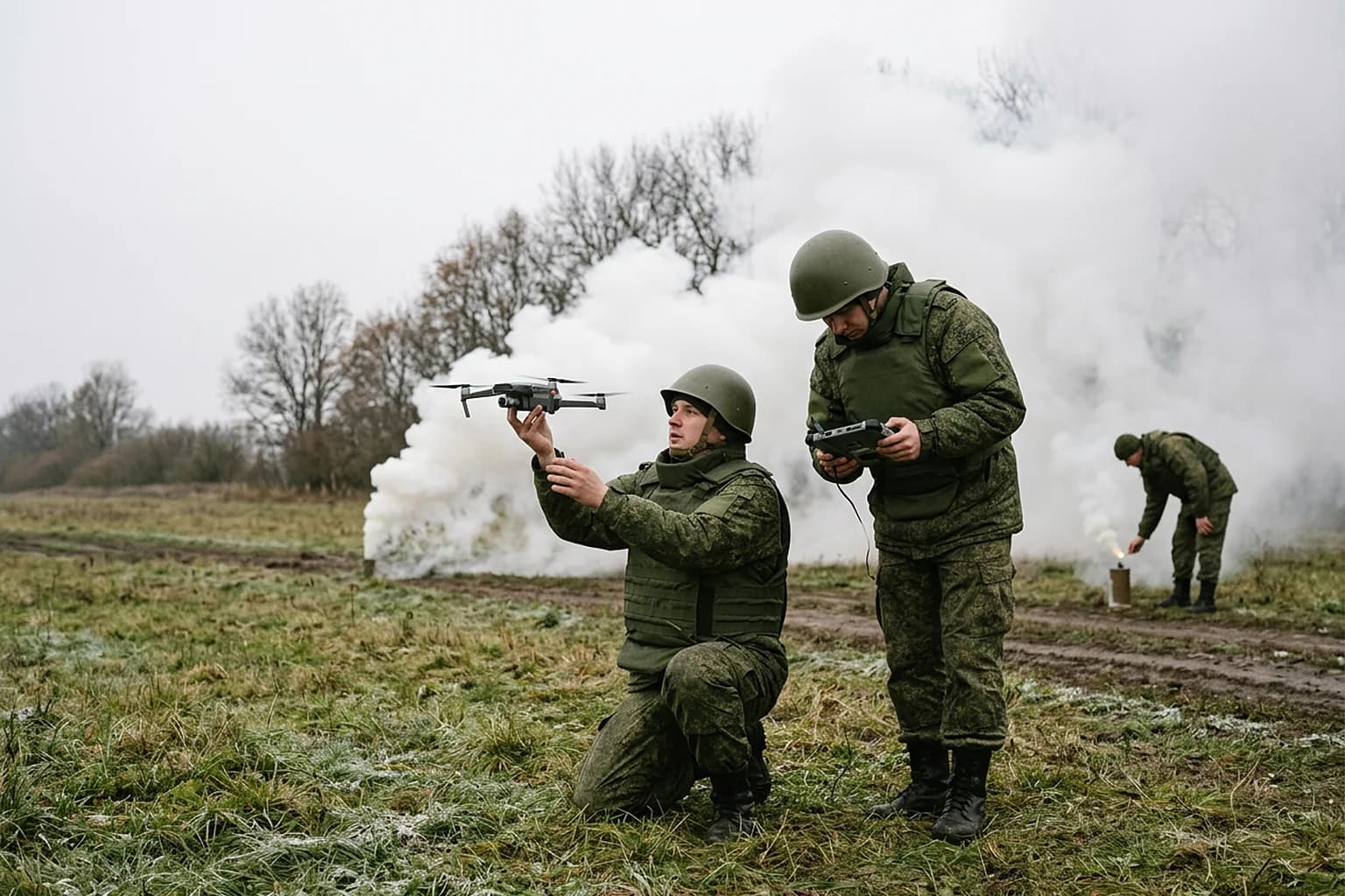 Военные запускают квадрокоптер у дымовой завесы, третий боец поджигает дымовую шашку у грунтовой дороги